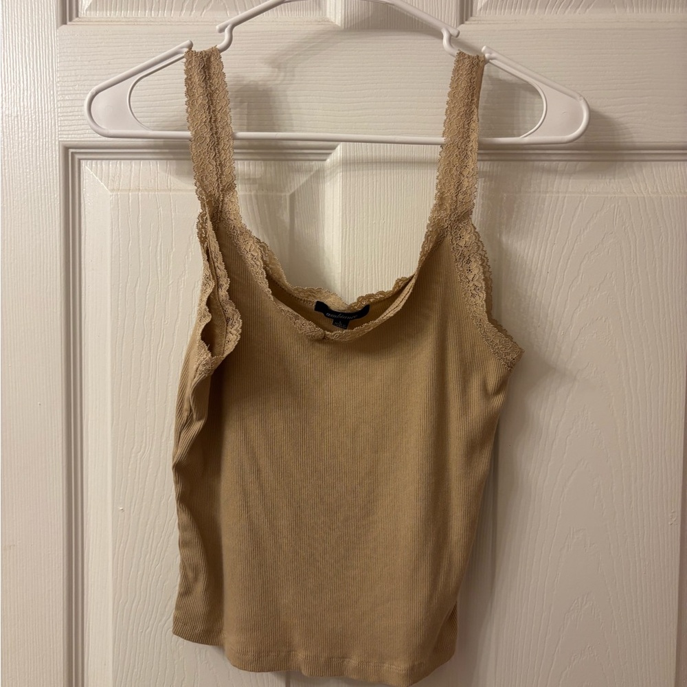 Fashion Nova Lace-Trim Beige Ribbed Cropped Camisole